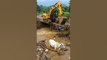 Excavator Tries to Save a Cow — But the Bridge Collapses!