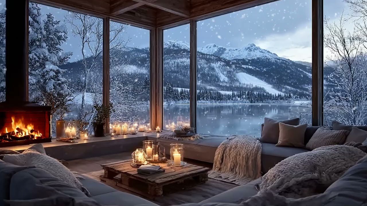 😴🎶 Calm Winter Lounge Piano  Fireplace Comfort and Snowy Night  Sleep Aid Healing Focus Study