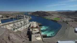 Davis Dam aerial view.   Bullhead City, Arizona and Laughlin, Nevada