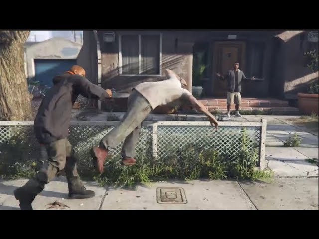 Random Guy Keeps Punching Trevor During Cutscene: GTA V class=