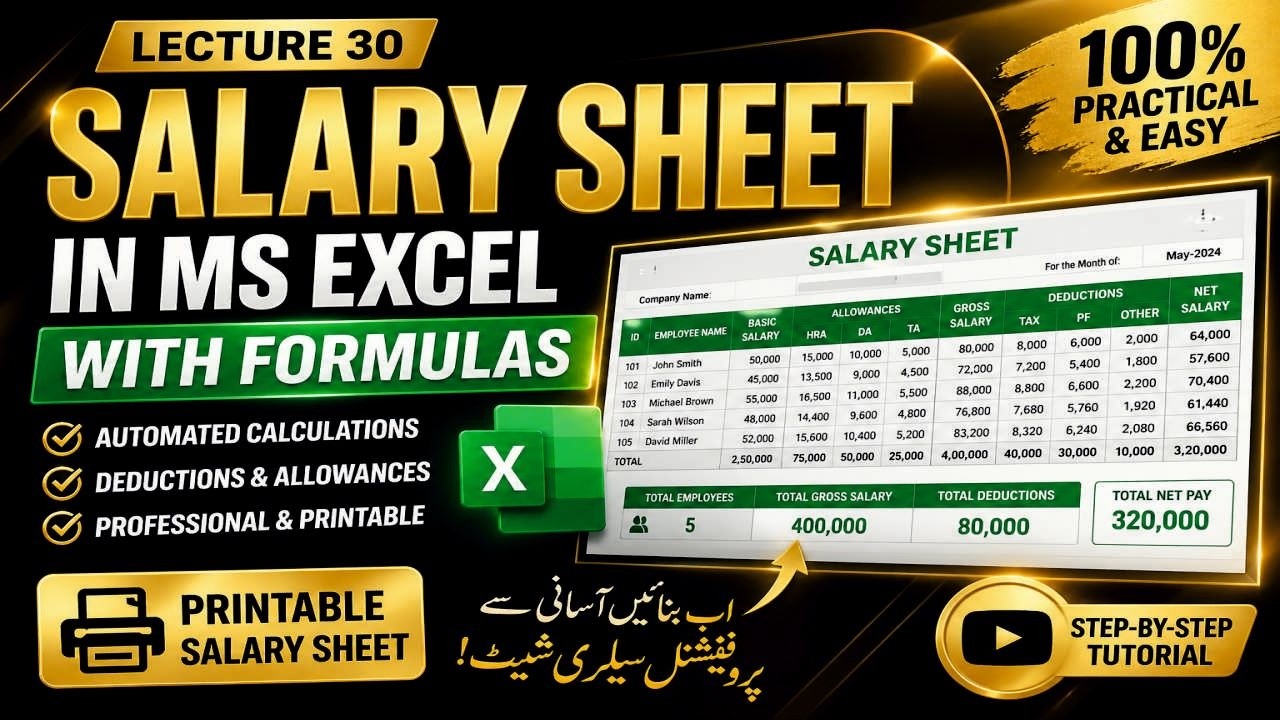 Create Salary Sheet in Excel with Formulas | Lecture 30 | Printable Payroll Template