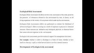 Ecological Risk Assessment I Identify Hazards, Assess the risk, Control the risk, Record, Review