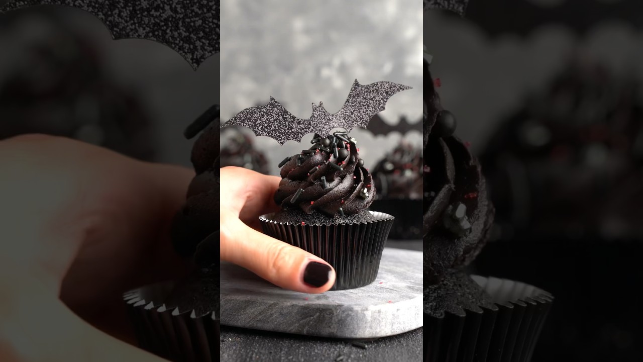 Halloween Black Velvet Cupcakes with Raspberry Filling 