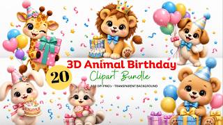 Animal Birthday Clipart Bundle, Party Animals PNG, Invitations, Pastel 3D Characters screenshot 1