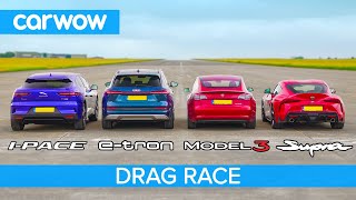 Tesla Model 3 vs I-Pace vs e-tron vs …SUPRA?! - Electric vs Petrol DRAG \& ROLLING RACE \& BRAKE TEST