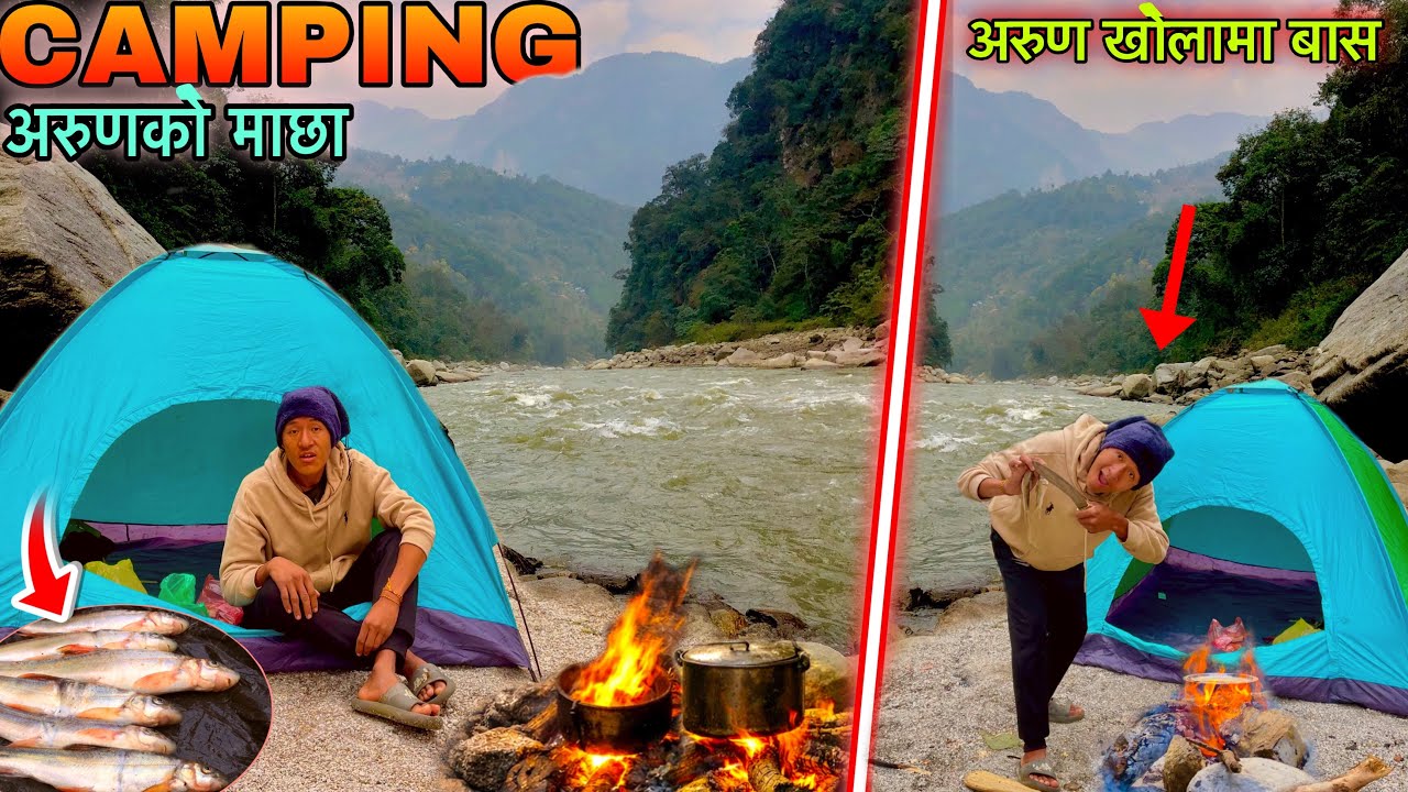 Camping And Fishing in Danger River ! Surviving in Arun River ! Fishing in Nepal 