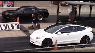 Tesla Model 3 vs Muscle Cars - GT500, Hellcat Redeye & Cadillac CTS-V 1/4 Mile Drag Races