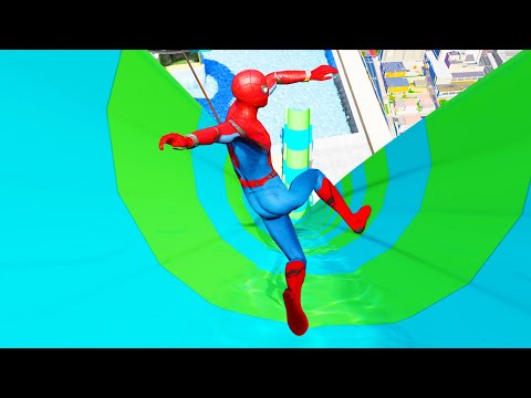 GTA 5 Waterslide Aquapark ( ft. Spiderman, Neymar, Ronaldo, Messi, Spider-Man, The Flash )