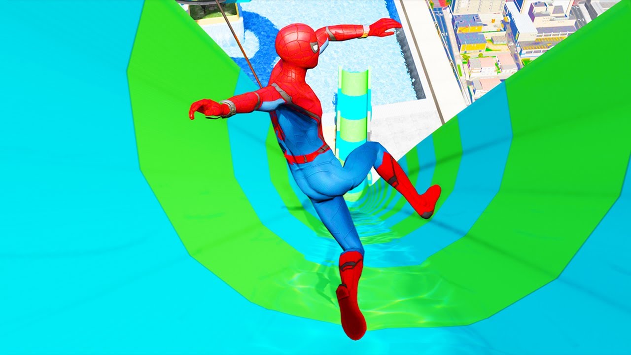 GTA 5 Waterslide Aquapark ( ft. Spiderman, Neymar, Ronaldo, Messi, Spider-Man, The Flash )