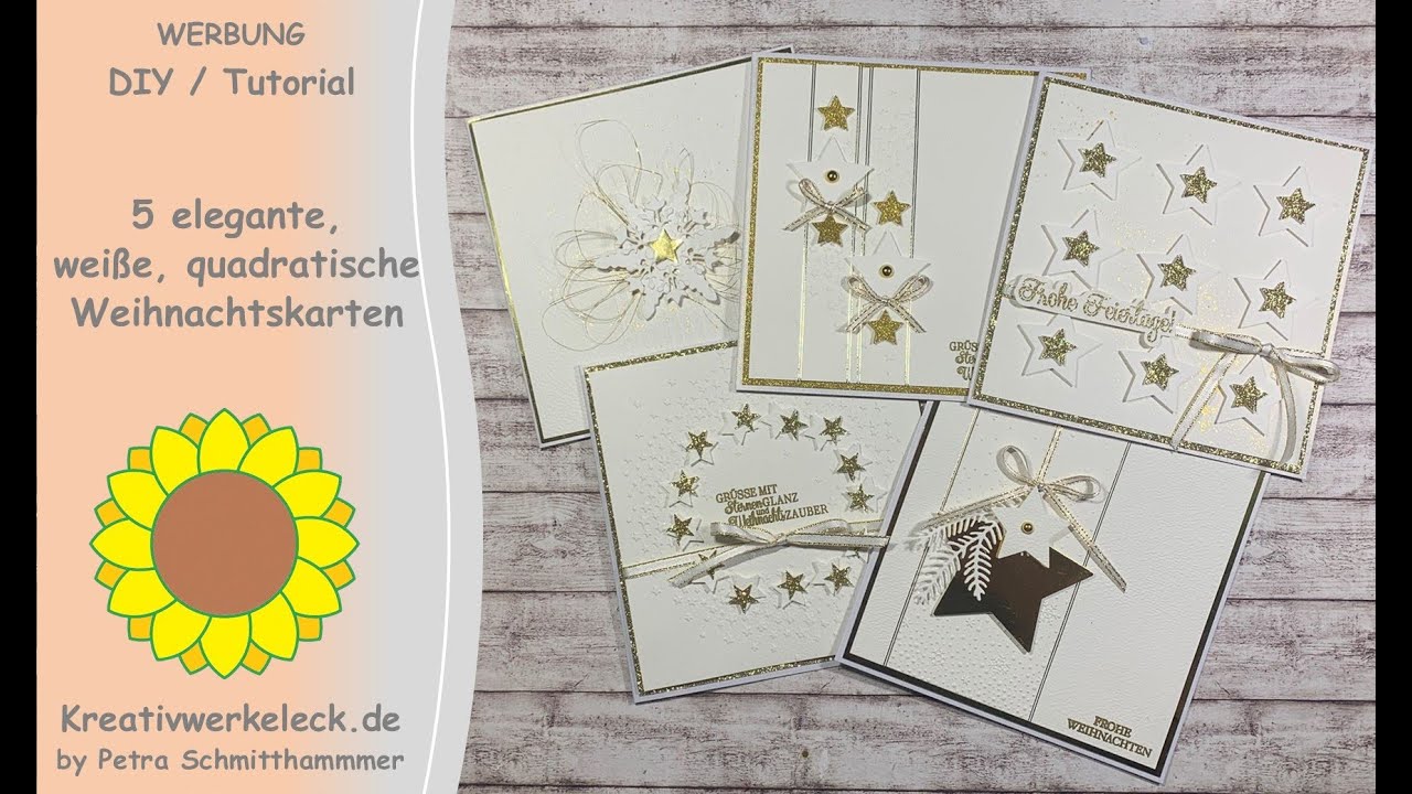 5 weiße, elegante, schlichte und quadratische Weihnachtskarten - DIY / Tutorial
