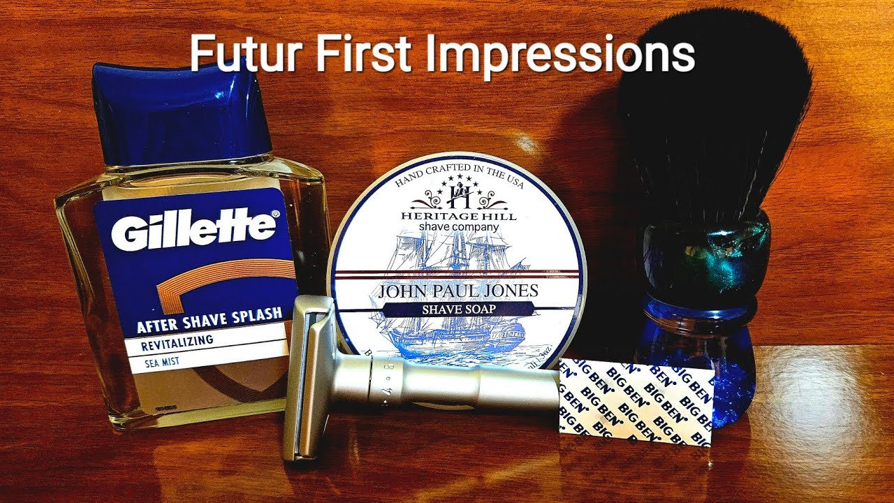 ⁣Merkur Futur DE Safety Razor. John Paul Jones Shaving Soap. Gillette Aftershave Splash.