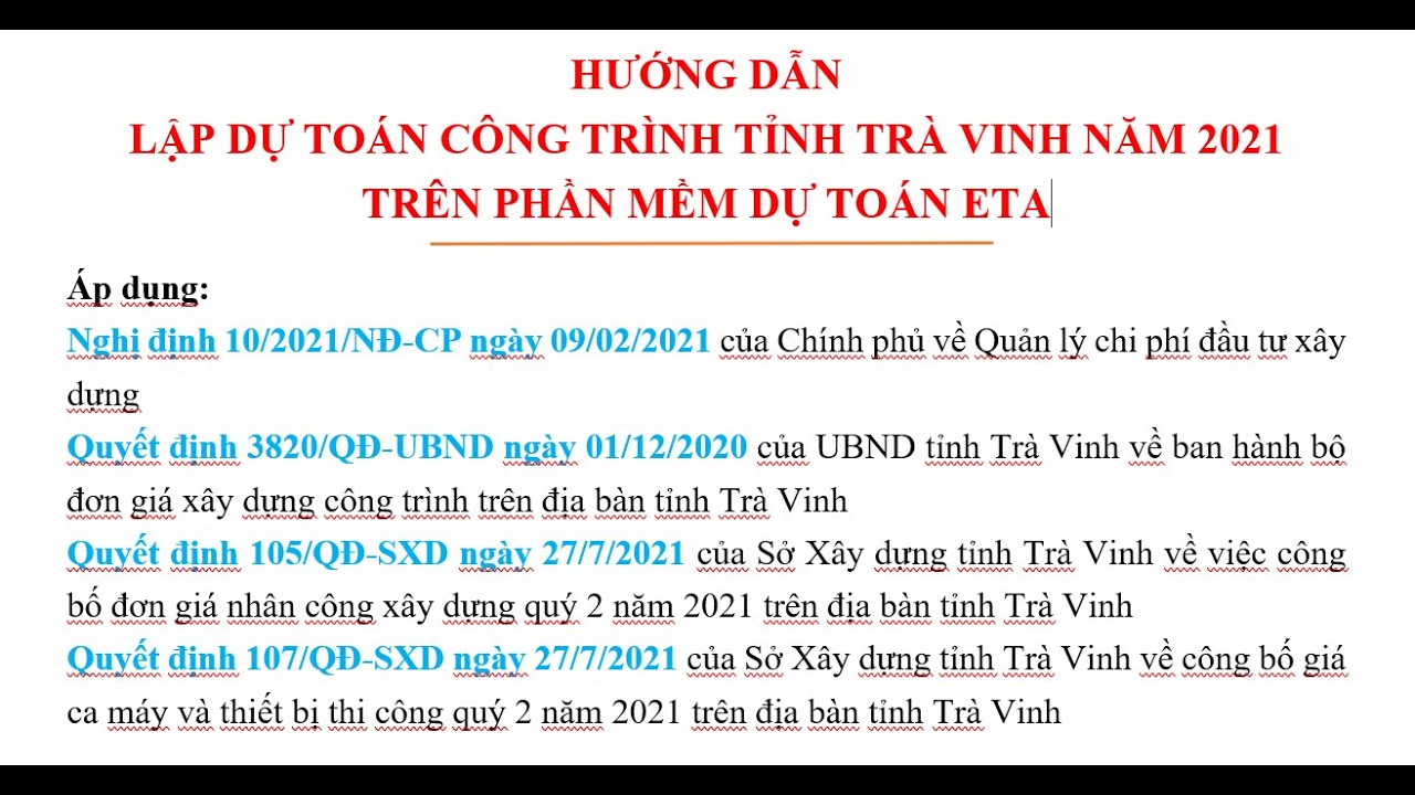 HƯỚNG DẪN LẬP DỰ TOÁN CÔNG TRÌNH TỈNH TRÀ VINH NĂM 2021 TRÊN PHẦN MỀM DỰ TOÁN ETA