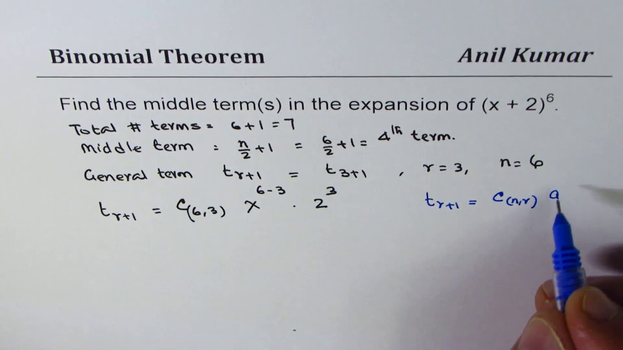 Find Middle Term For Even Power Binimial Expansion Youtube