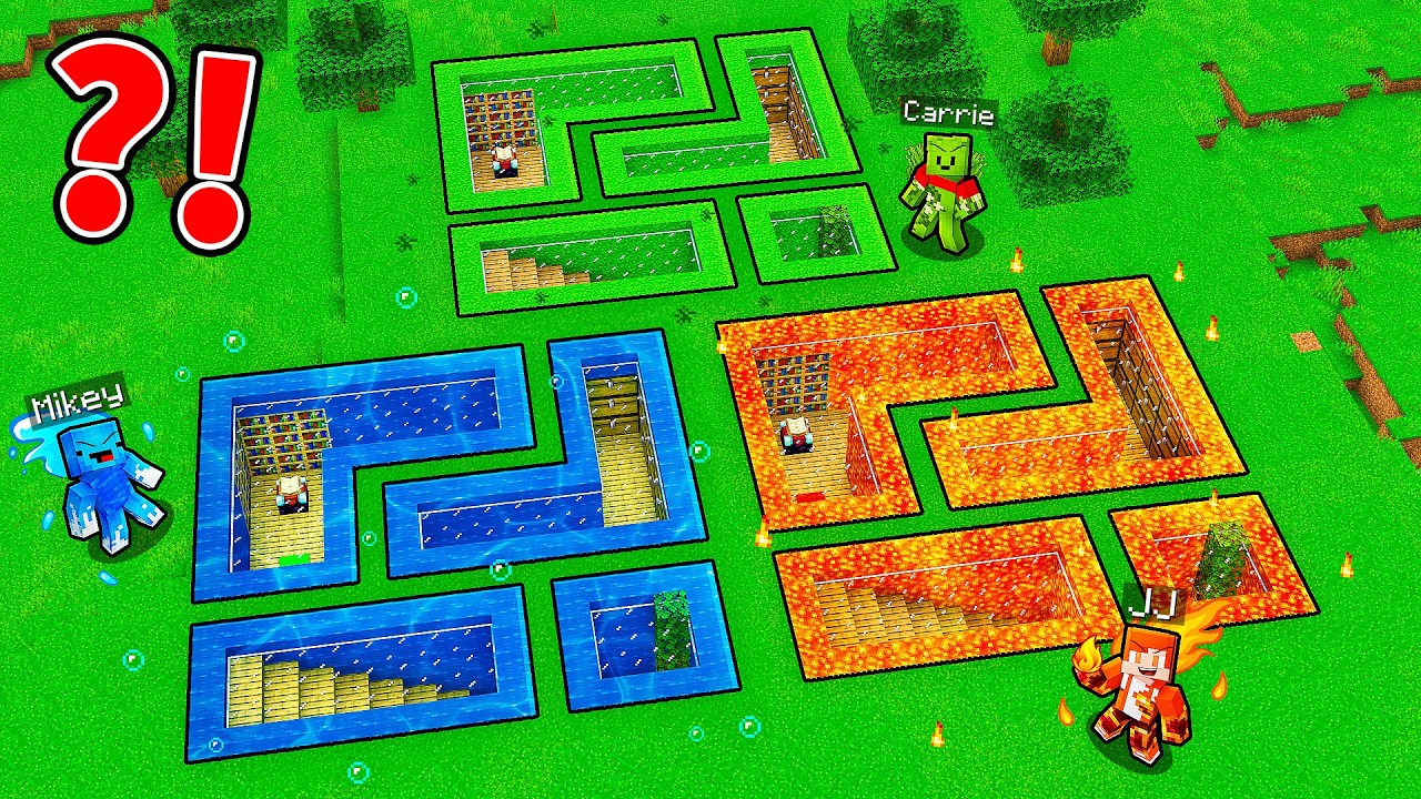JJ vs Mikey vs Carrie: ELEMENTAL UNDERGROUND BASE BATTLE in Minecraft - Maizen