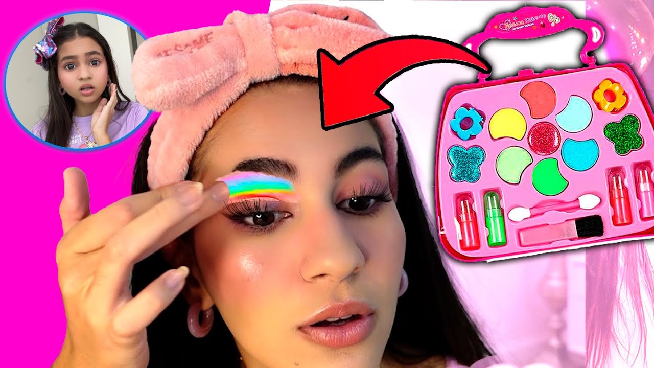 ME TRANSFOMEI USANDO SÓ PRODUTOS DE CRIANÇAS 😨 Maquiagem + Roupa de Criança KIDS MAKEUP BELA BAGUNÇA