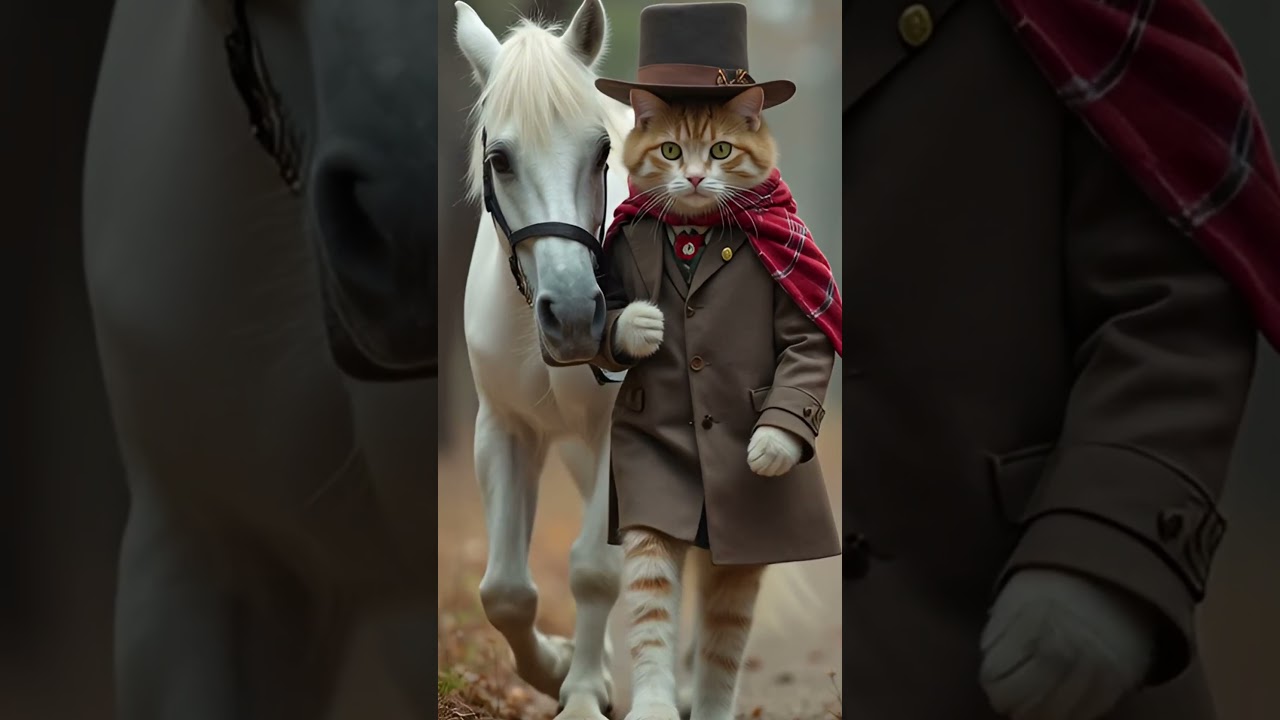 Royal Cat Walking with aWhite Horse 👑🐱🐎