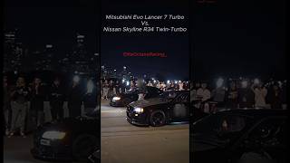 💥 Nissan Skyline GTR R34 Twin Turbo Vs. Mitsubishi Lancer Evo 7 Turbo💥 #jdm #r34 #evos #race #racing