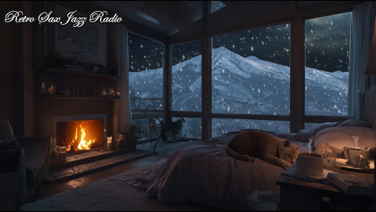 Cozy bedroom with fireplace | Jazz music and crackling fire sounds | Relaxing jazz night