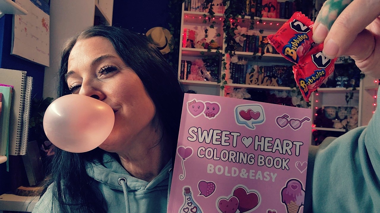 ASMR- Gum Chewing, Bubble Blowing (W/Bubbaloo Gum) And Valentines Themed Coloring 💘