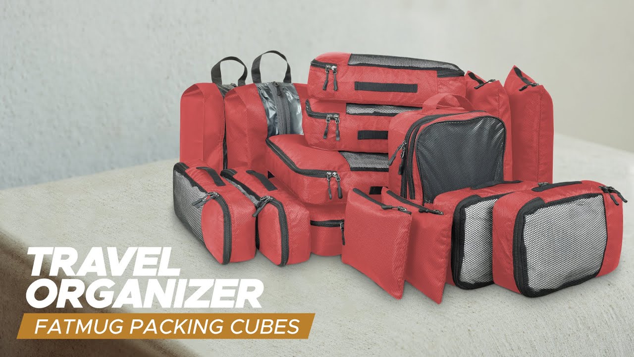 FATMUG Packing Cubes Travel Bag Organiser Set of 15(2L,2M, 2S, 2Slim, 3 Shoe & 4 Laundry Pouch)-Red