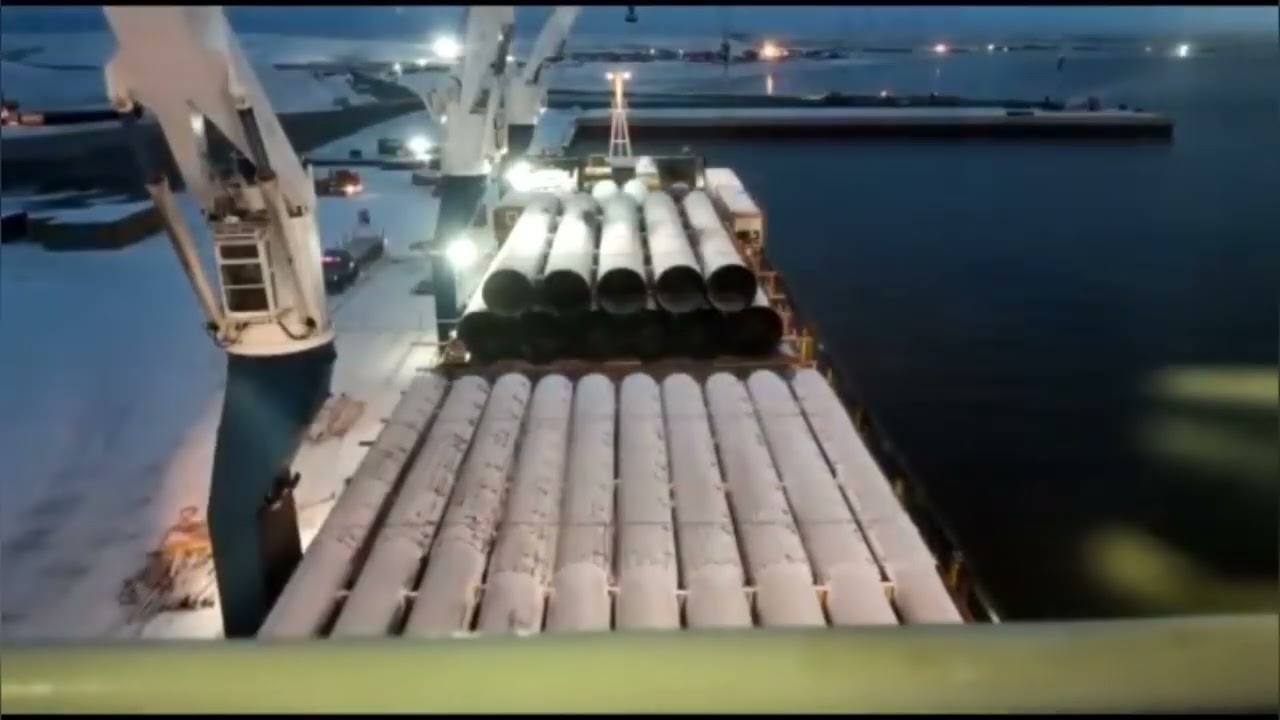 Gas pipes. Delivery of oversized cargo by sea. Loading of the vessel. Cargo port. IEC.