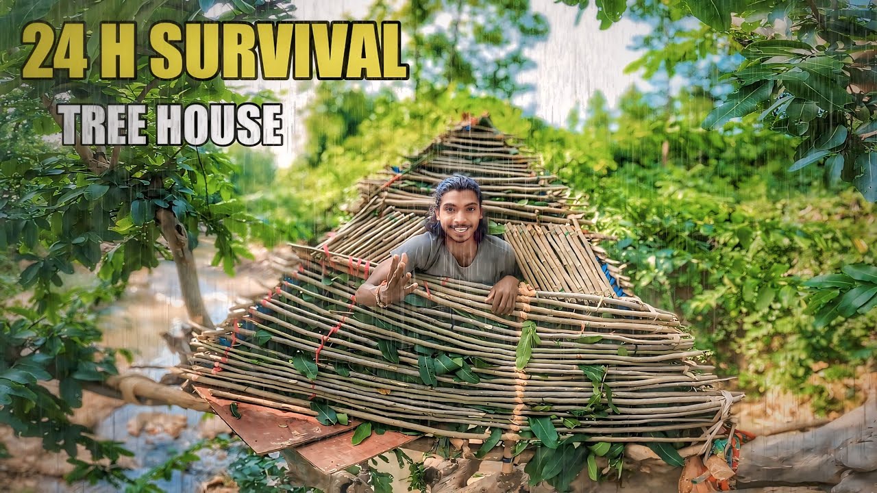 Tree 🌲 House 🏠 बनाकर 24 Hours Survival in Forest | Rainy Day 24 hours ...