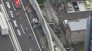 高速道路でパトカー炎上 兵庫県警、けが人なし