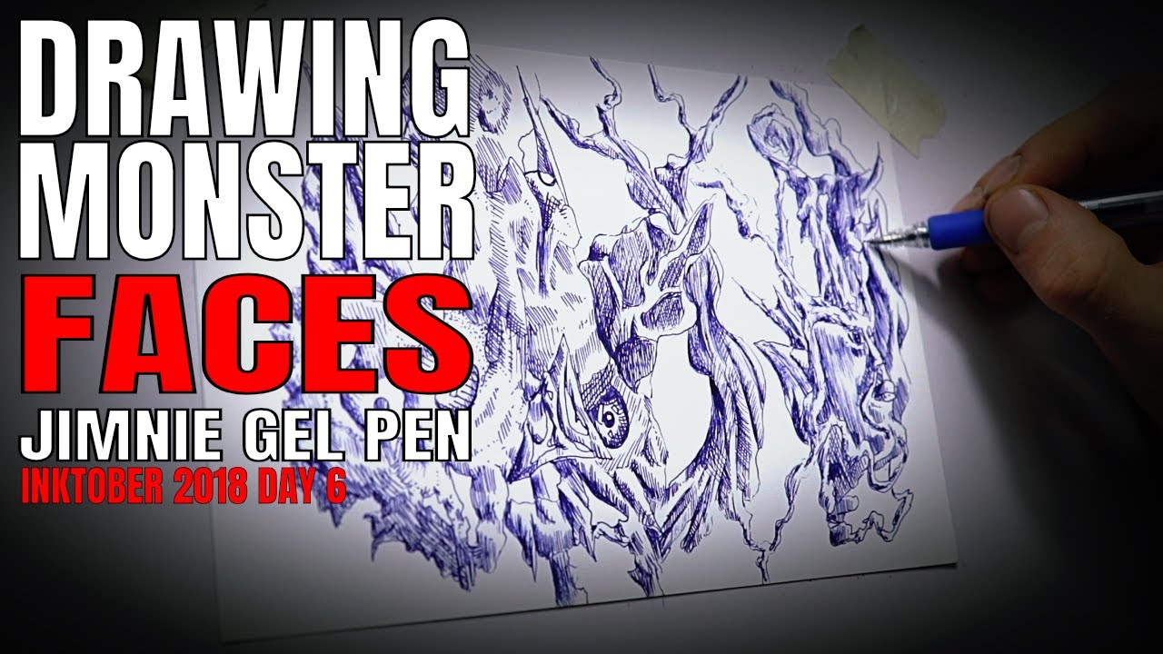 Drawing Monster Faces - Jimnie Gel Rollerball Pen - Inktober 2018 [Day6]