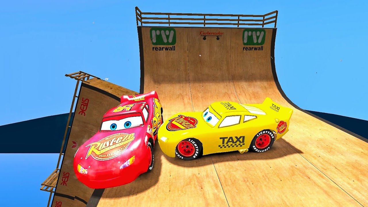 GTA 4 Lightning McQueen Vs Taxi Lightning McQueen Mega Ramp Jumps in