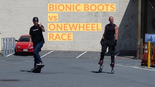 Bionic Boots vs Onewheel Electric Skateboard Race | Exoskeleton Bionic Boots | Keahi Seymour