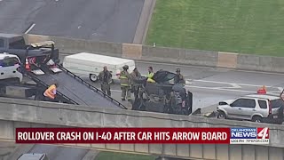 Rollover crash on I-40 after car hits arrow board