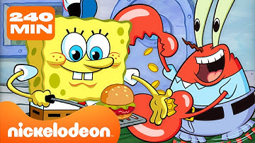 SpongeBob werkt 4 UUR lang non-stop bij de Krokante Krab 🍔 | Nickelodeon