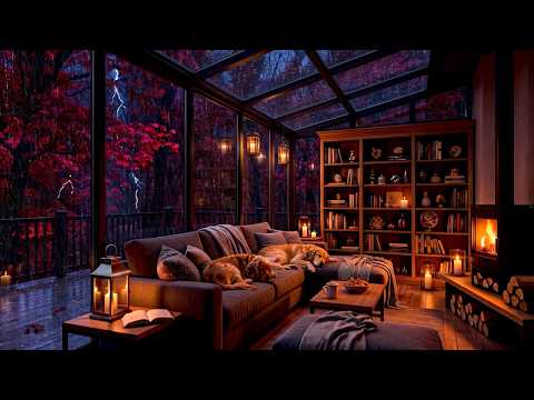 Heavy Autumn Rain & Thunderstorm in a Cozy Glass Cabin | Fireplace Ambience 🔥