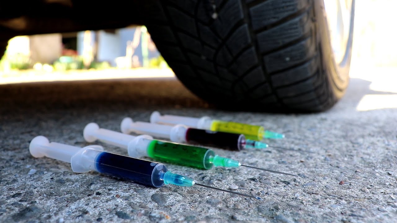 Experiment Car vs Needles & Syringes Colored Toys ASMR Crushing crunchy ...