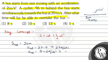 A bus starts from rest moving with an acceleration of \( 2 \mathrm{~m} / \mathrm{s}^{2} \). A cy...
