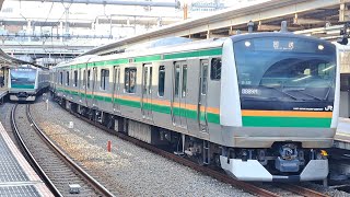 付属編成初のTKでFD対応！《E233系3000番台付属5両 TK出場回送(指定保全・FD対応改造工事)》E233系3000番台付属横ｺﾂE-58編成が大崎駅⑥を警笛を鳴らして出発！(回8889M)