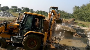 Two JCB Backhoe Machine Trying To Break and Throw out Old Concrete Culvert For New Bridge.- Part- 7