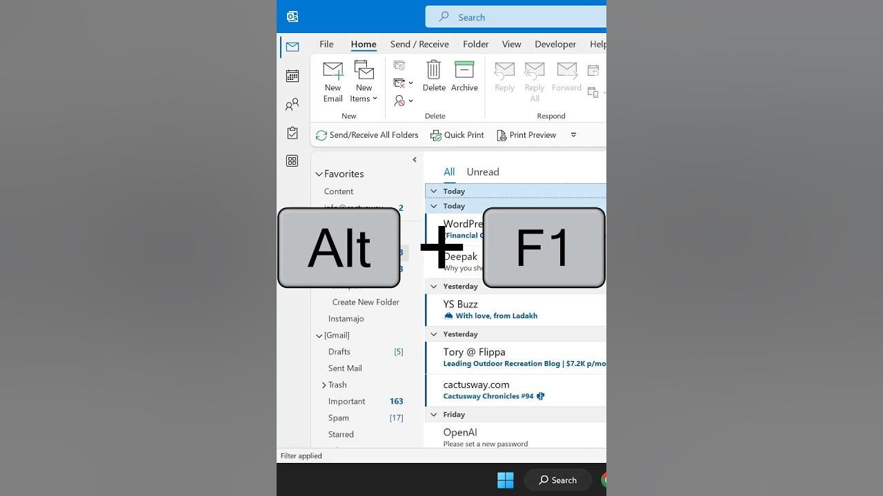 What does alt f1 do in microsoft outlook shorts youtube