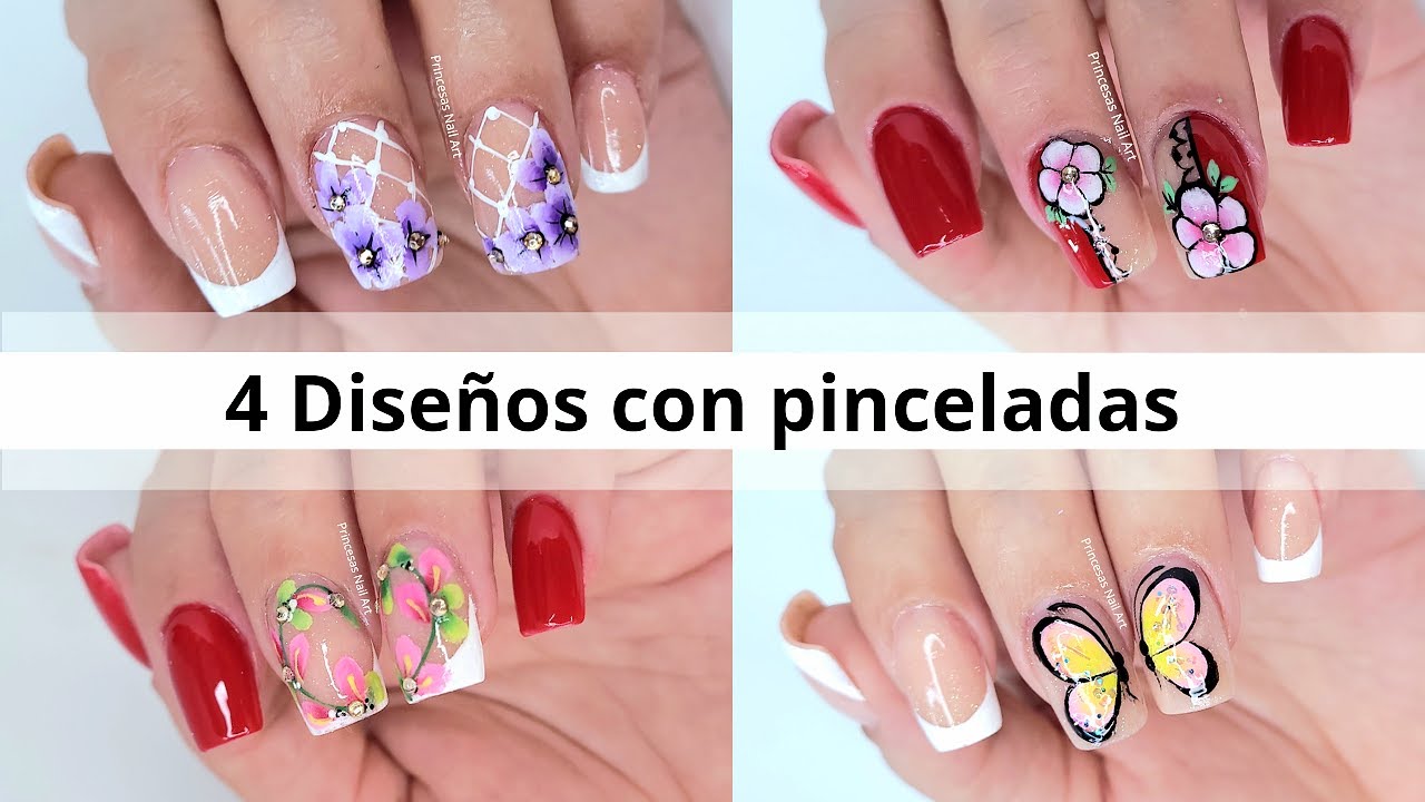 🌸💅 4 Ideas de ¿Cómo hacer UÑAS FRANCESAS con FLORES a MANO ALZADA? | Tutorial FÁCIL y ELEGANTE
