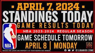 NBA STANDINGS TODAY as of APRIL 7, 2024 |  GAME RESULTS TODAY | GAMES TOMORROW | APR. 8 | MONDAY