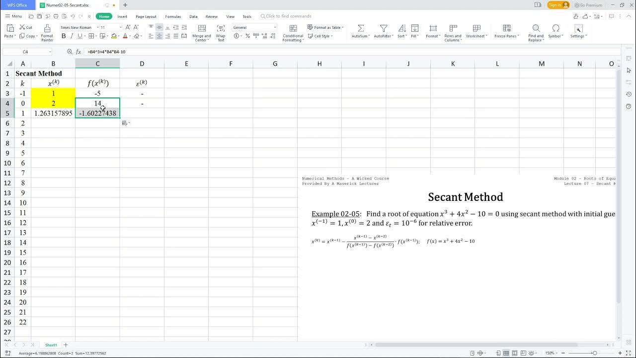 Numerical Methods 2022: 02-07 Secant Method Using Spreadsheet - YouTube