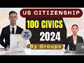 100 civics questions and answers 2024 by groups for U.S. citizenship interview.