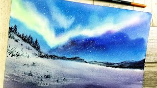 northern lights watercolor easy painting