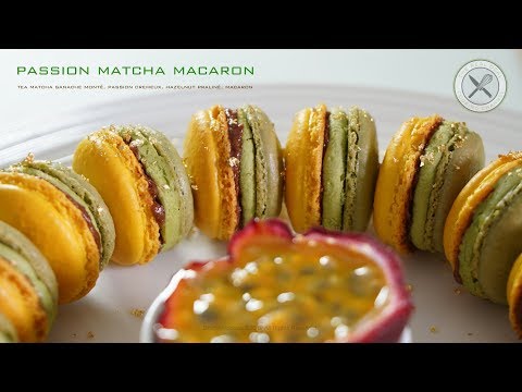 Matcha and passion fruit macarons with praline, from the video