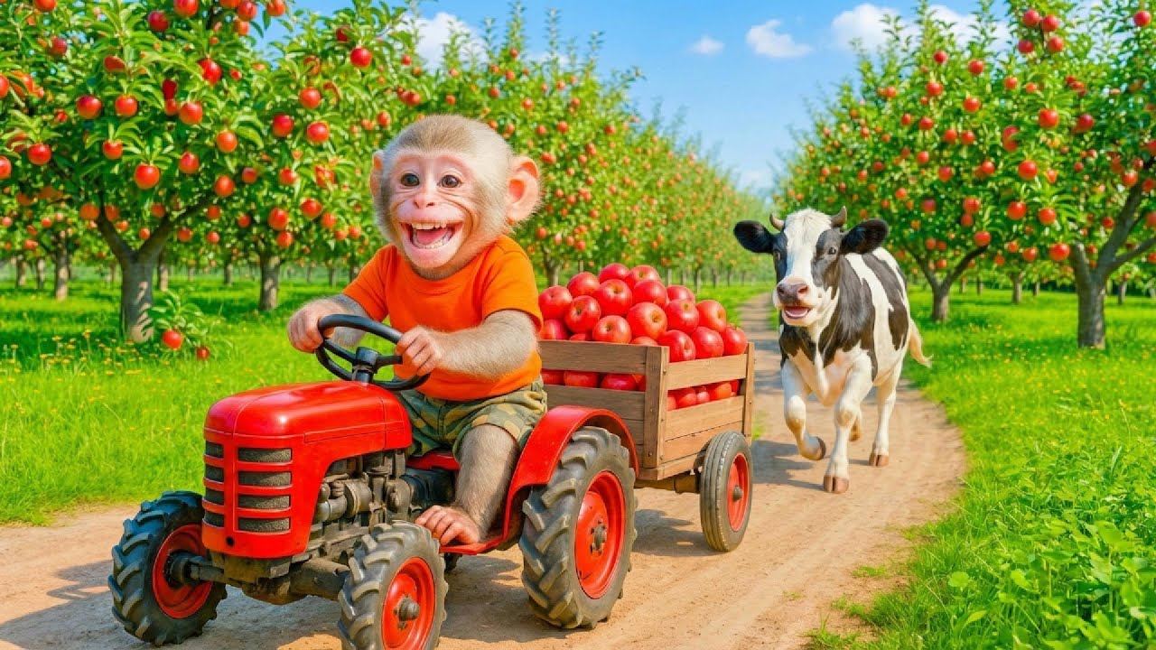 Happy Monkey TuTi Harvests Apples with a Friendly Cow! 🍎🐄Monkey Farm Work | TuTi Monkey Life