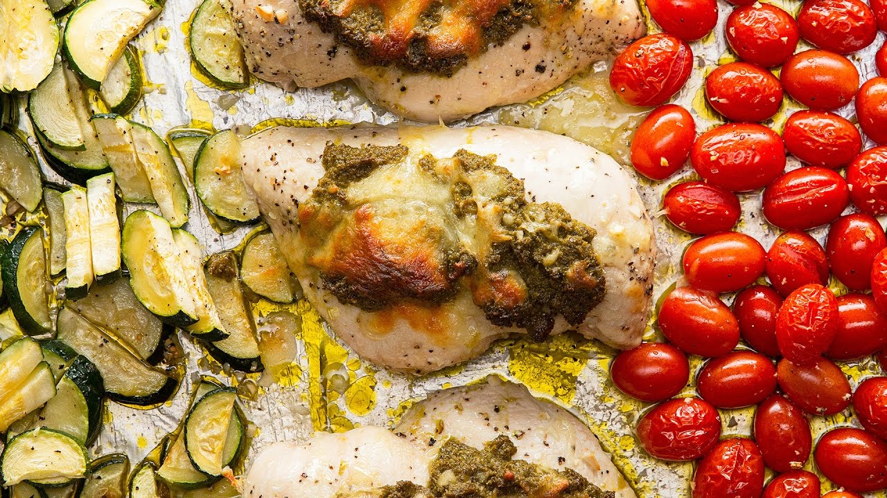 One Pan Pesto Chicken With Veggies Youtube