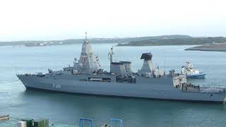 FGS Hamburg, German type 124 sachsen class guided missile frigate, departs from Cobh.