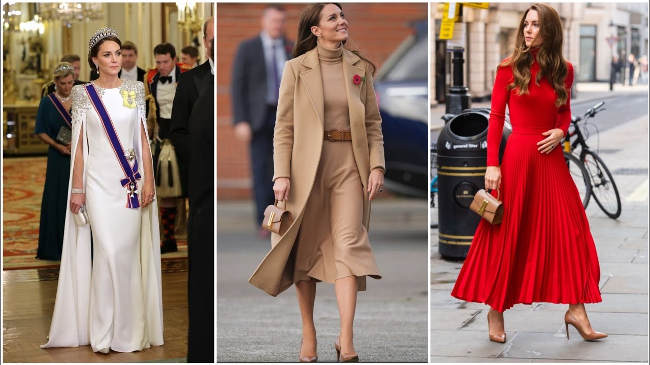 Katherine in a maroon dress at Westminster Abbey. A selection of her outfits