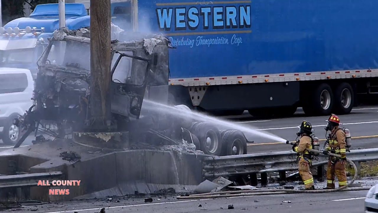 FIERY TRUCK CRASH ON THE NEW JERSEY TURNPIKE IN LINDEN NJ - YouTube