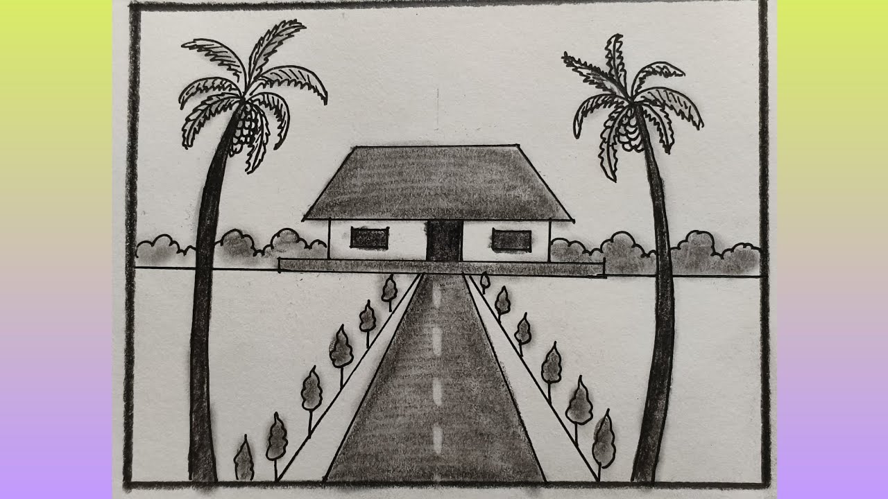 Beautiful Village House Pencil Sketch | Easy Village Scenery Drawing | Simple Art for Beginners
